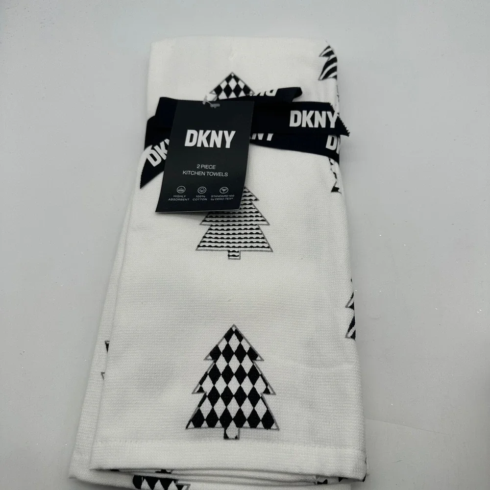 PACK OF 2 DKNY KITCHEN‎ TOWELS TREES BLACK WHITE 100% COTTON 18 X 28 NWT
